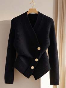 Airaco 女式纯色V领交叉不对称下摆长袖毛衣