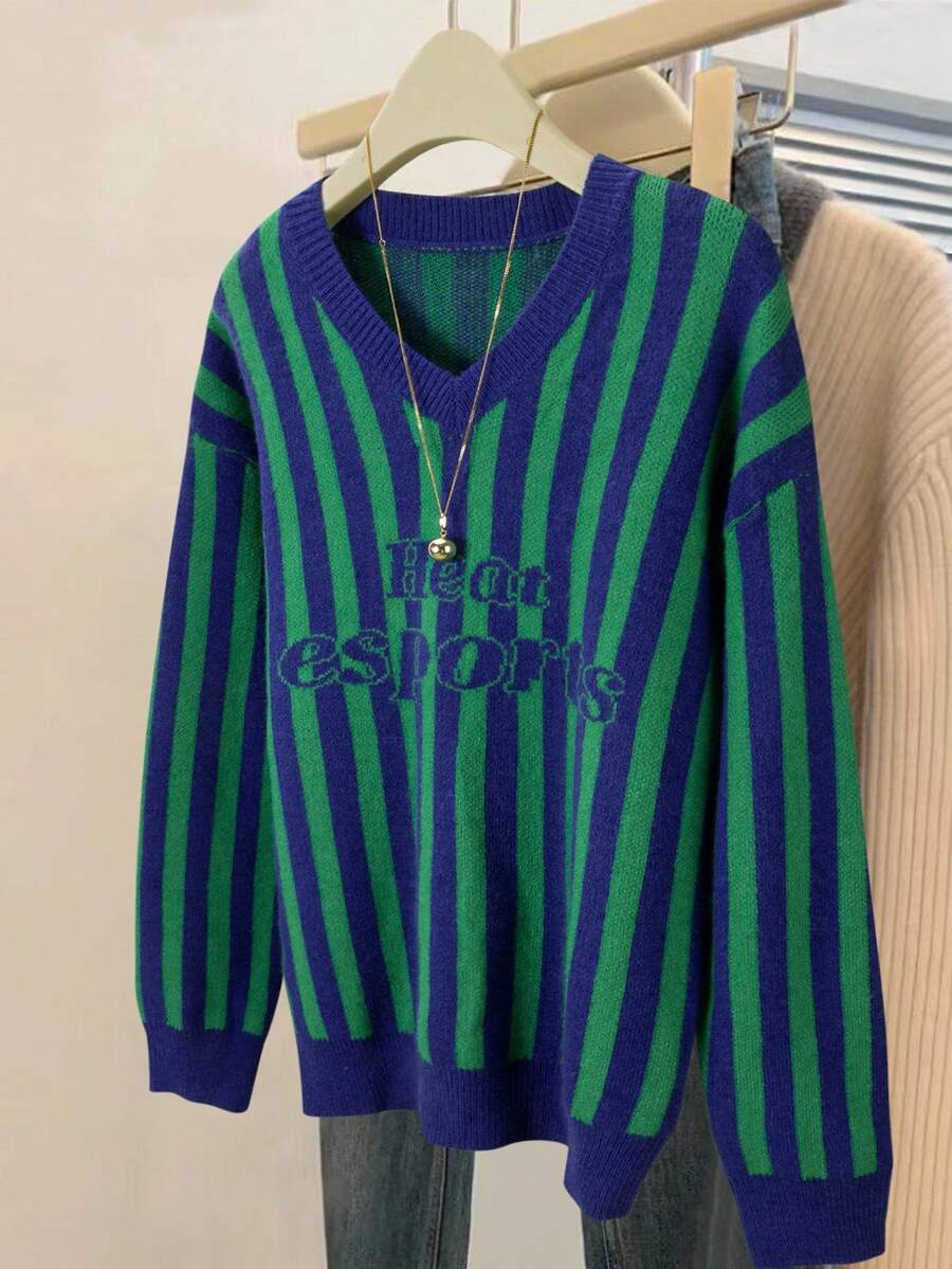 Jouncy Suéter holgado de mujer con cuello en V, estampado de rayas y mangas largas, para otoño/invierno - Verde Oscuro - Ver 1