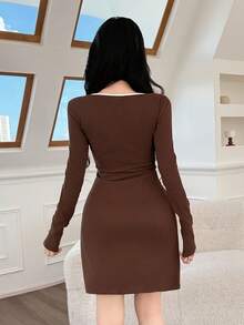 Feyla Women's Letter Print Trim Square Neck Long Sleeve Tie Waist Fitted Mini Dress - Brown - View 2