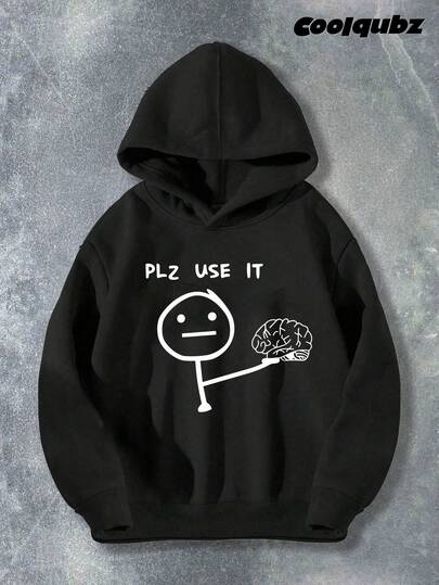 SHEIN Bluza z kapturem z długim rękawem dla starszych chłopców w kolorze czarnym, swobodna, modna, prosta, kreatywna, z nadrukiem w postaci pasków z kreskówkową grafiką i literami