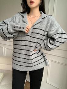 SHEIN LUNE Herbst/Winter minimalistischer Kontrast-Farbstreifen Rollkragen Strickpullover - Grau - Übersicht 3