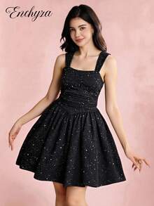 少女节日派对宴会法式少女金属光泽方领细肩带公主迷你连衣裙 - 黑色 - 查看 3