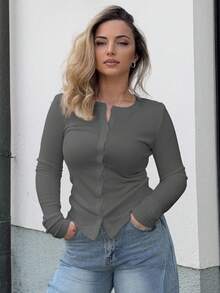 Jeta Ari 罗纹纽扣长袖圆领上衣休闲度假机场假日冬季 - 深灰色 - 查看 9