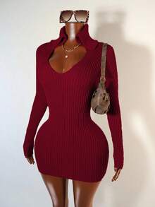 Mistrie 女士毛衣裙针织长袖卡其色短款深V领旅行度假派对夜店女装春秋款冬夏款 - 紅色 - 查看 3