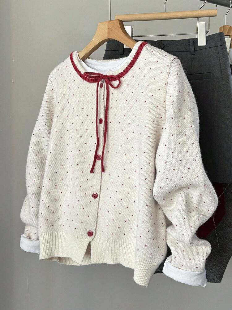 Women's Loose Fit Round Neck Casual Polka Dot Sweater, For Autumn & Winter,Long Sleeve Tops,Fall Women Clothes