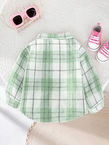 SHEIN Playful Pals Baby Girls In Spring And Autumn, Fashionable, Simple, Retro, Versatile Rose Red Plaid Wool Warm Long-Sleeved Lapel Button-Up Shirt Jacket, Daily Wear - Green - View 2