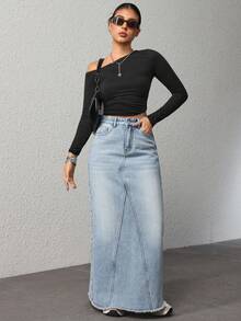 Jeanoix 女士休闲日常通勤百搭高腰毛边直筒牛仔中长裙 - 藍色 - 查看 7