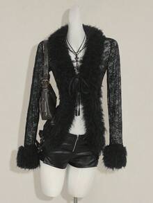 SHEIN ICON 女式花卉蕾丝拼接长袖系带时尚衬衫 - 黑色 - 查看 5