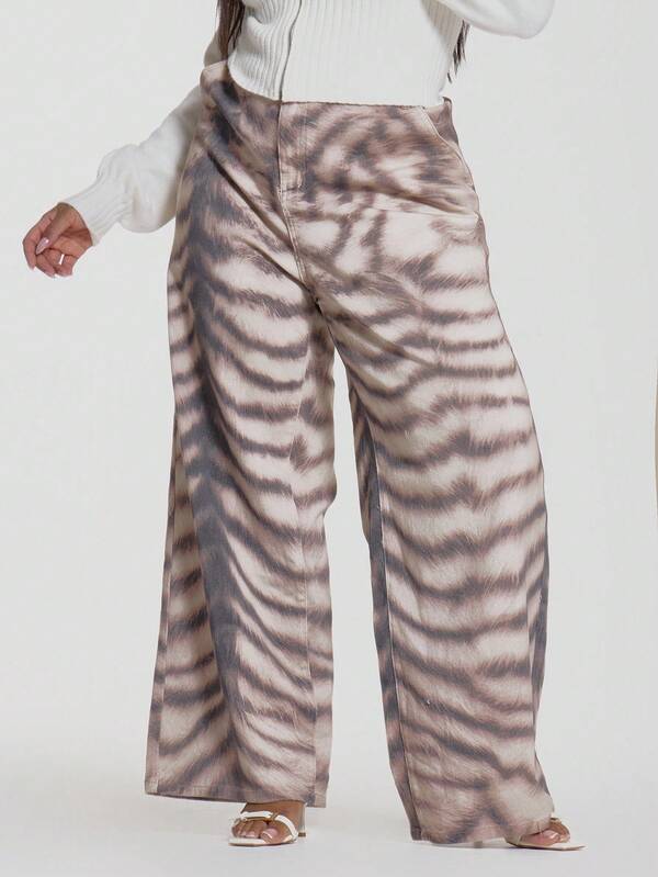 MUSERA Jeans de pata ancha con estampado animal de talla grande, ideal para salir en otoño e invierno