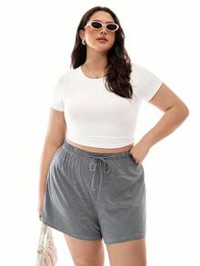 SHEIN EZwear 2 件套休闲条纹加大码女式宽松舒适面料短裤，适合春夏季 - 彩色 - 查看 2