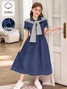 Vestido vaquero de manga corta con cuello de chal a rayas, estilo vintage, para niñas jóvenes de vuelta al colegio en primavera/verano. Adecuado para niñas jóvenes en primavera/verano, vestido elegante de cintura alta y estilo coreano casual para salidas, uso diario, vacaciones.