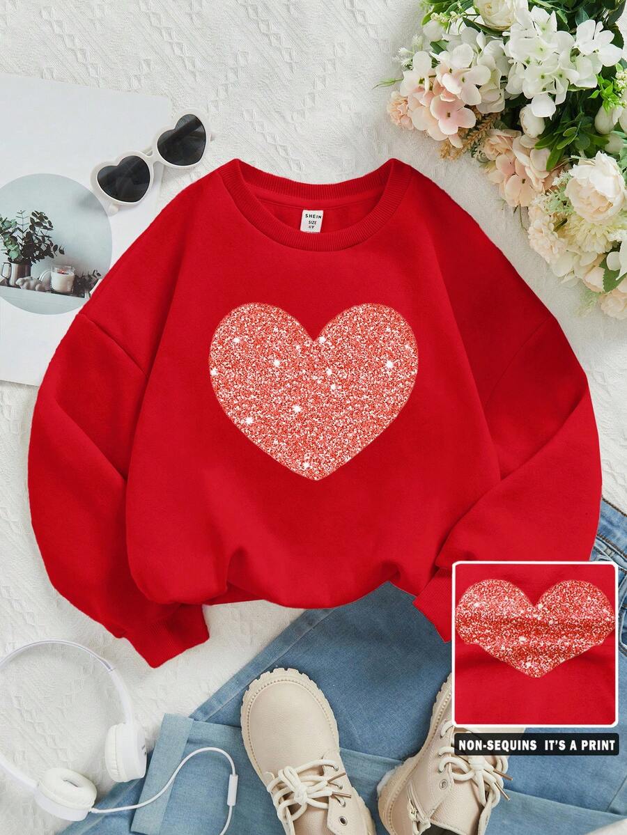 年轻女孩休闲圆领厚长袖运动衫，适合秋冬季 - 紅色 - 查看 1