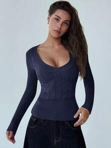 Aloruh New Fashionable Deep V-Neck Long Sleeve Fitted Vintage Cable Knit Pullover Sweater, Versatile Knit Top For Young Women In Fall/Winter,Fall,Fall Clothes For Women - Navy Blue - View 6