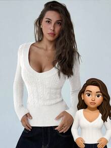 Aloruh Fashionable Deep V-Neck Long Sleeve Fitted Vintage Cable Knit Pullover Sweater,Elegant White Autumn Casual Top For Women,Versatile Date Knitwear - White - View 6