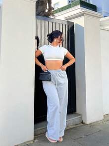 NegzBox Women's Fashion Rhinestone Embellished High Waisted Drawstring Loose Fit Straight Leg Sweatpants, Versatile Fall Cloth For Women - Grey - View 6