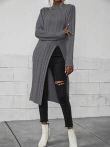 EMERY ROSE Casual Solid Color Stand Collar High Slit Sweater, Autumn/Winter - Dark Grey - View 3