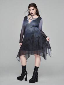 ROMWE Gothic Dark Forest Tombstone Cross Print Mesh Pentagram Lace-Up Collar Plus Size Women Waist Cinched Asymmetric Hem Dress - Black - View 9