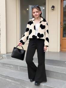 Elladie kids 3 件套青少年女孩冬季新装：2-25 白色吊带背心、蓬松心形印花夹克、休闲喇叭裤、简约而时尚的家居服、户外、通勤多功能防寒套装秋季 - 卡其色 - 查看 3