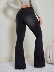 SHEIN Tall Autumn/Winter Women's Casual Versatile Skinny Flare Leg Jeans,Chic Going Out Winter-Warm Fleece-Lined Split-Design Comfortable Mid-Rise Black Flared Jeans