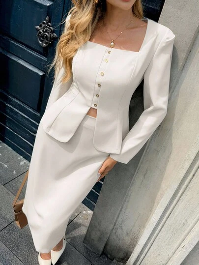 Chiquease 优雅通勤法式下午茶夹克和裙子套装