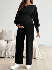 SHEIN 秋季連身褲，秋冬孕婦休閒/通勤純色不對稱領連身褲 - 黑色 - 查看 1