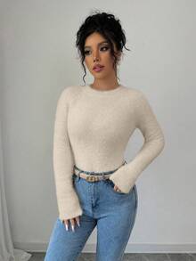 EMERY ROSE 女式纯色圆领插肩袖长袖修身休闲毛衣，秋冬 - 米色 - 查看 5