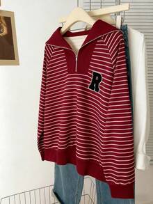 INAWLY 马球领拉链条纹字母贴片休闲长袖运动衫 - 酒紅色 - 查看 5