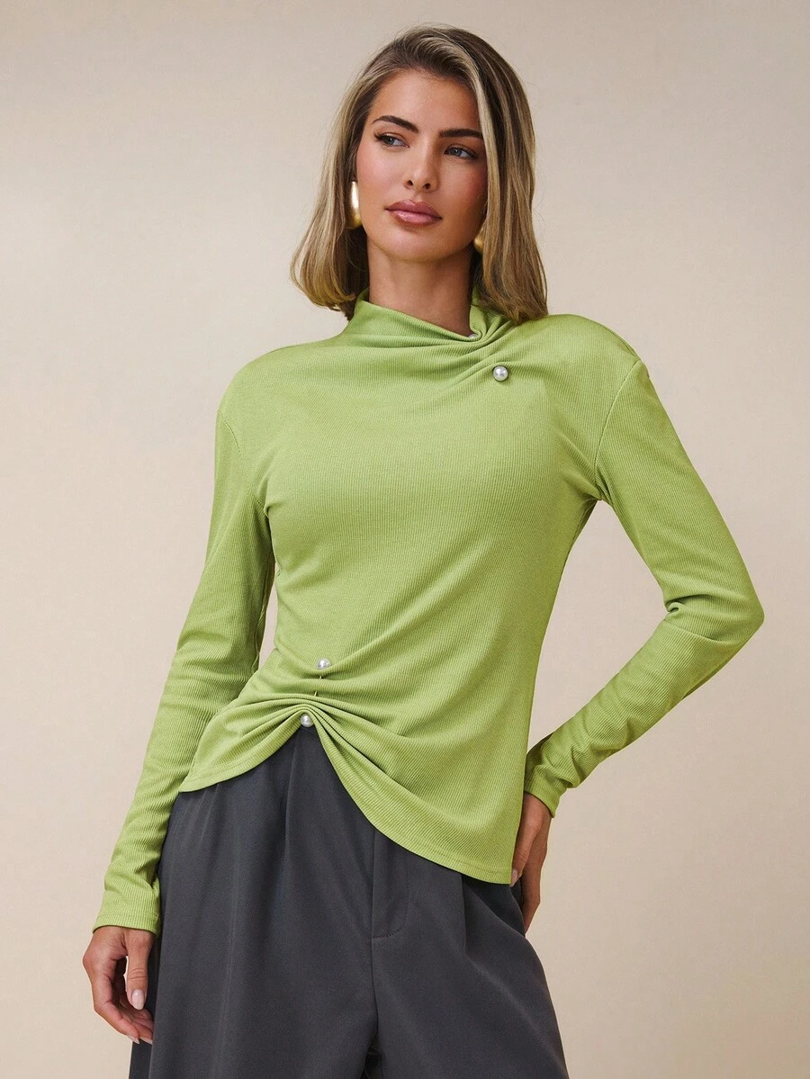 COSMINA Women's Elegant Commuter Solid Color Blouse Lime Green Tops, Cowl Neck Top Green Long Sleeve Top - Green - View 1