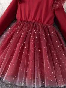 Christmas,Halloween,Party Dress,Young Girl' Mesh Patchwork Round Neck Long Sleeve Dress - Burgundy - View 4