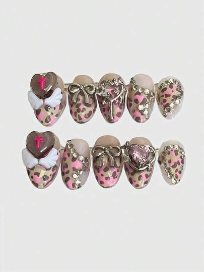 Kawaii Cute Camouflage Leopard Print Romantic Heart Ballerina Style Bowknot White Wings Handmade False Nail Pieces, Mass-Produced Energetic Girl Nail Decor, Suitable For Daily Outings And Dates