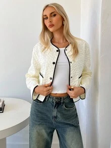 Siren Gaze 女士撞色滚边圆领外套，花卉纹理滚边单排扣外套，秋季，女士冬季外套，白色，适合新年夜、新年，休闲女装，白色衬衫短款外套，短款西装外套，粗花呢外套，女士休闲办公装 - 杏色 - 查看 3