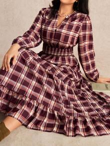 Nubod 大码秋冬休闲乡村风格子印花长款喇叭连衣裙 - 彩色 - 查看 4
