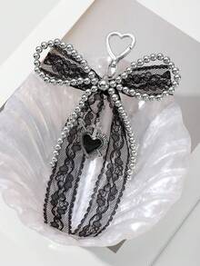 ROMWE Kawaii 1 件 Y2k 可爱哥特风格手工串珠银色 CCB 黑色蕾丝蝴蝶结滴油心形和箭头吊坠钥匙扣，适合女性日常佩戴或万圣节礼物 - 黑色 - 查看 11