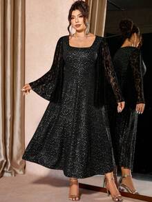 Cravure Gaun Pesta Midi Pas Badan Elegan Lengan Mengembang dengan Detail Renda untuk Wanita Ukuran Plus - Hitam - View 1