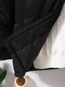 Casaco acolchoado casual de comprimento médio para meninos, com capuz e remendos, grosso para outono/inverno - Preto - Ver 6