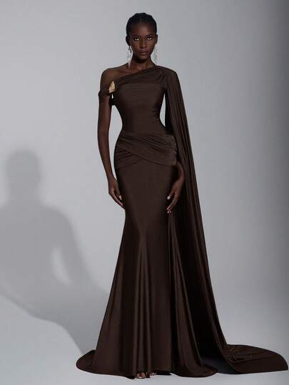 Elitara Elegant Fashionable Dystopian Style Chocolate Brown Knit Fabric Asymmetric Shoulder Half Exposed Shoulder Tailored Fitted Mermaid Hem Dress, Flowing Handcrafted Dimensional Pleats Metal Buckle Waist Crossover Gathered Mermaid Hem, Suitable For Fashion Galas, Formal Dinners, Business Events, Balls, Cocktail Parties, Halloween Parties, Wedding Guest Dresses