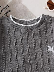 Genkimix Kids 少女韩版针织条纹袖口刺绣小马标志连衣裙 - 灰色 - 查看 4