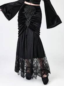 ROMWE EDITION Damen Vintage Palast Romantisch Gotisch Samt Kontrast Spitze Rock