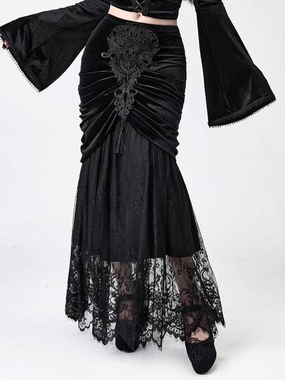 EDITION Jupe gothique vintage romantique en velours avec dentelle contrastante pour femmes