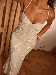 Opulessa Women's Vacation Knit Spaghetti Strap Dress , Fall Winter, ,Going Out Outfit, Elegant Sexy Party Date Night Outfits Women, Elegant Wedding Guest Outfits, New Year Look, Thanksgiving, Luxury Evening Outfit For Women, Cup Detail Creme Dress, Sexy Club Outfits