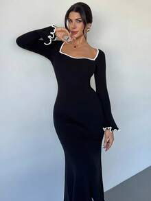Firerie Women's French Style Black & White Trim Sweetheart Neck Long Sleeve Slim Fit Fishtail Sweater Dress, Fishtail Hem Sweater Dress, Autumn/Winter Clothing, Layering Basic Knitted Sweater Dress, Spring/Autumn/Winter, Elegant, Commute, Casual, Daily, Work Wear - Black - View 5