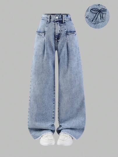 Tween Girls Y2K Style Girls' Jeans, Loose Straight Fit, Light Blue Denim Color, Butterfly Embroidery, Comfortable Cotton Fabric, Suitable For Daily Wear, School, And Commute, Spring/Summer/Autumn/Winter