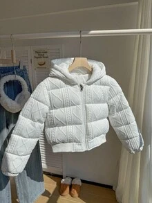 1 pieza Abrigo con capucha con estampado floral texturizado para adolescentes, color blanco sólido, manga larga, informal, adecuado para el invierno - Blanco - Ver 3