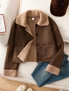 Kurtka dla nastolatki w modnym, minimalistycznym stylu, z dużymi kieszeniami, ciepła, wełniana, ze stójką, z długim rękawem i guzikami, jesień/zima