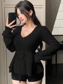 DAZY Áo len dệt kim cổ chữ V họa tiết hoa thanh lịch, màu trơn, tay dài, thu/đông, dành cho nữ - màu đen - Xem 2