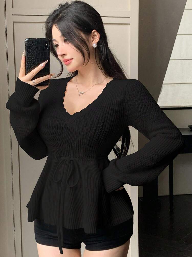 Women's Solid Color Elegant Commuter Ruffled Splice Drawstring Tie Waist V-Neck Floral Splice Pullover Knit Sweater, Long Sleeve, Autumn/Winter