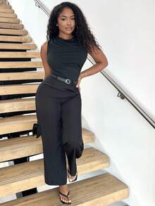 Alexandranx 1pc Women's Black Pleated Wide Leg Loose Jumpsuit With Belt, Casual Style, ,