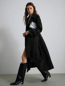 Aveloria Modichic Classic Style Casual Business Navy Blue Long Trench Coat For Women, Loose Fit Lapel Belted Long Sleeve Outerwear  - Black - View 3