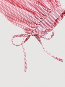 SHEIN MOD Chemise rayée à manches longues élégante pour femmes grandes tailles, blouse ajustée à la taille avec nœud et manches bouffantes, convient pour le travail et le port casual - Rose bonbon - Voir 5