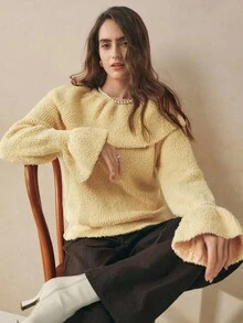 INAWLY Women's Solid Color Round Neck Long Sleeve Ruffle Patchwork Loose Sweater, Autumn/Winter - Yellow - View 6